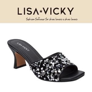 LISA & VICKY (Nordstrom) - NIB - L Sz 6 "Pretty-V" Sequin Slide/Platinum & Black